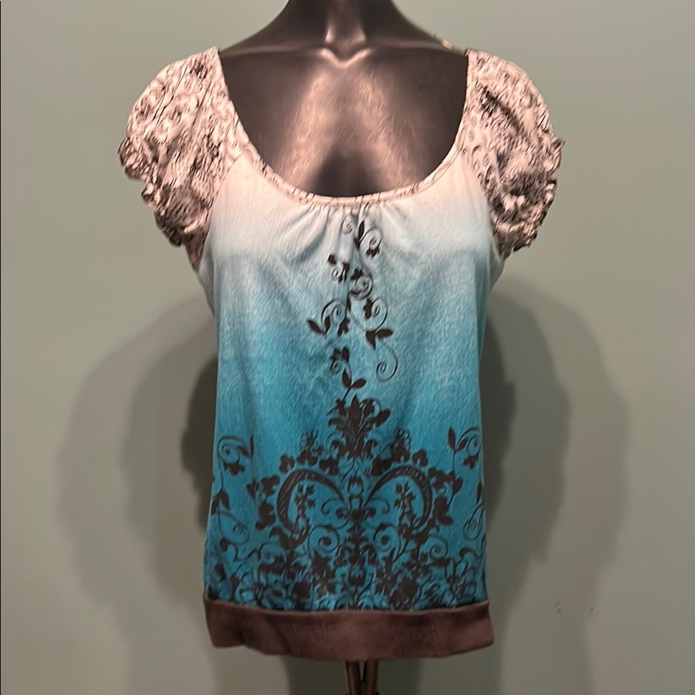 No Boundaries Aqua Cream Puff Sleeve Ruched Blouse with Back Lace